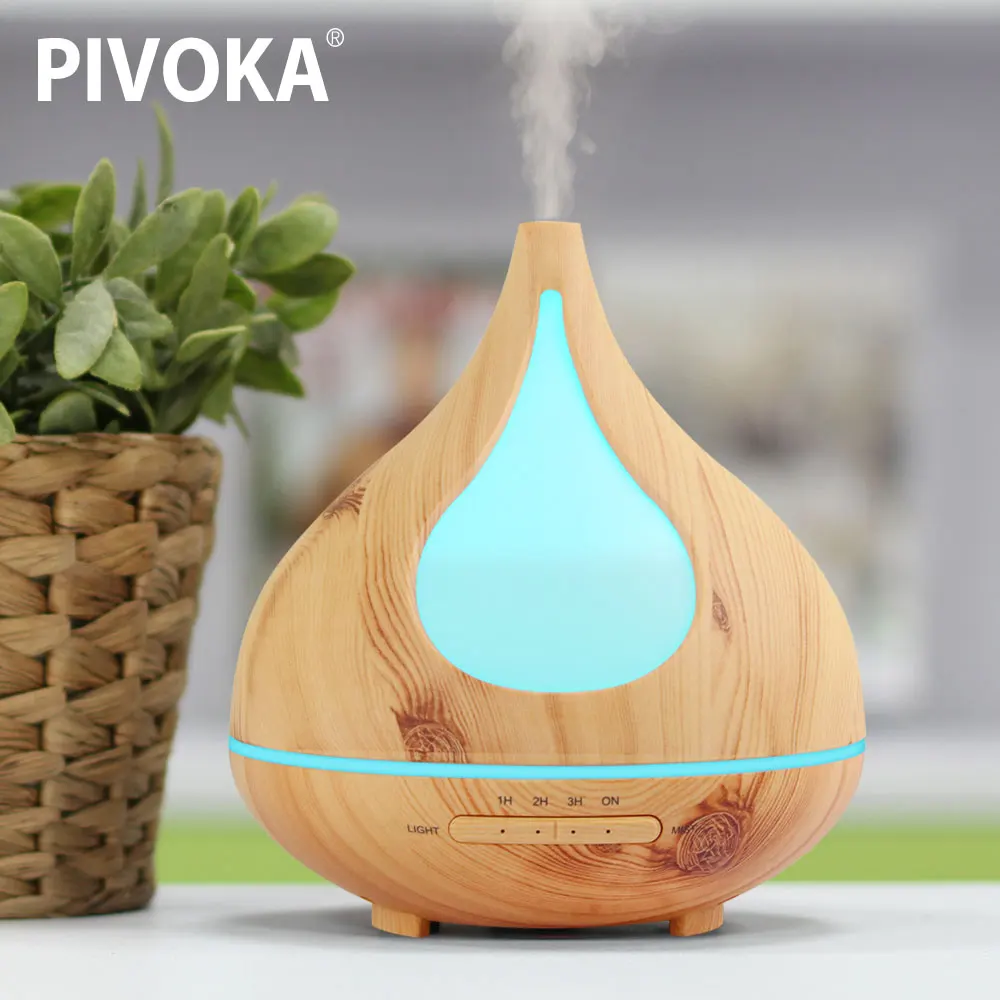 

PIVOKA 300ml Aroma Essential Oil Diffuser Ultrasonic Air Humidifier with Wood Grain 7 Color Changing LED Lights for Office Home