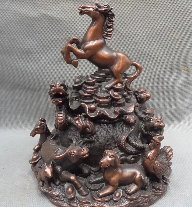 

S4051 9" Chinese 12 Year Zodiac Bronze Wealth Coin Dragon Horse On Money Bag Statue D0318