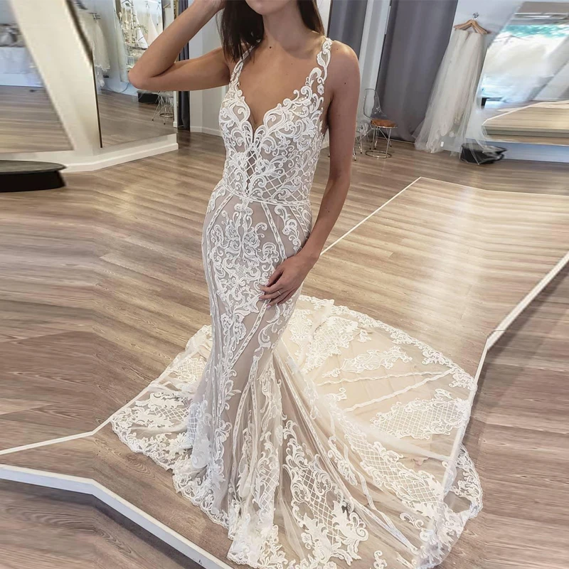 

Modest Lace Mermaid Wedding Dresses 2019 robe de mariee Illusion Back Modern Wedding Gowns Sexy Handmade Bridal Dress