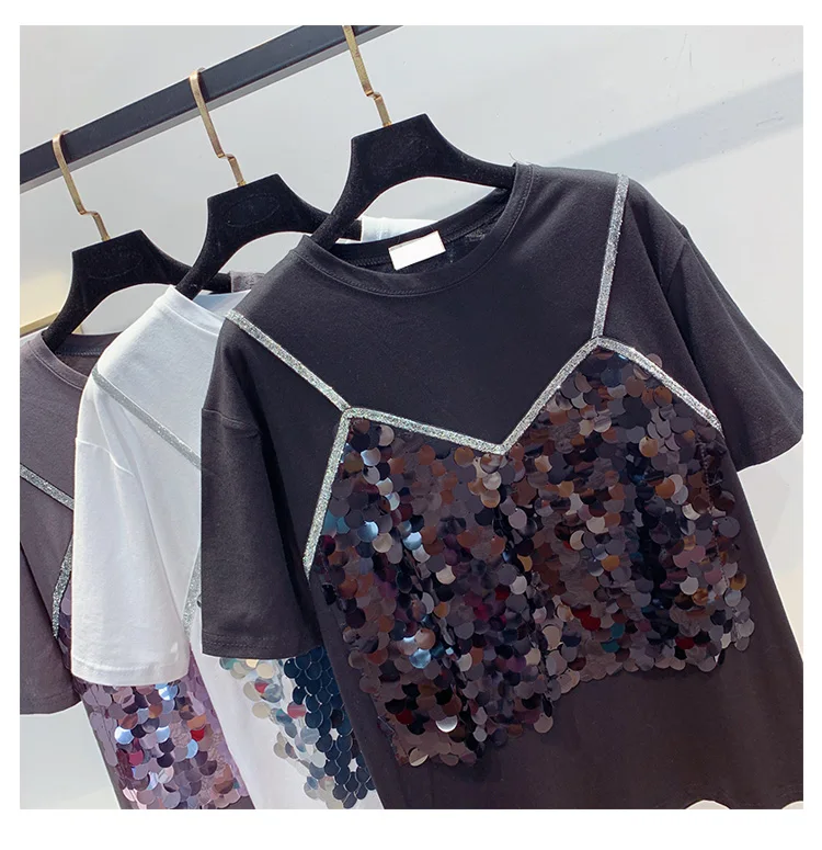 Летняя новая мода поддельные из двух частей блестки с коротким рукавом Футболка Студенческая свободная Базовая Blusas рубашки футболка для женщин