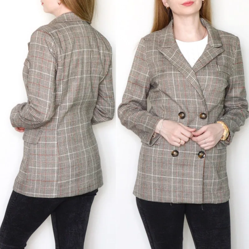 astounding  Plaid Women Vintage Bouble Breasted Spring Pockets Jackets Female Retro Suits Coat Work Feminino Ou