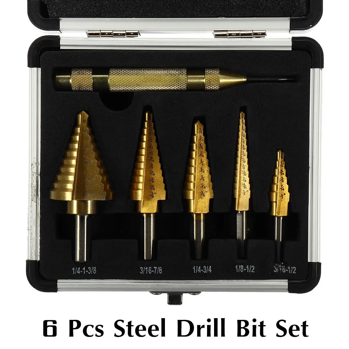 

6Pcs/Set Hole Cutter Drilling Tool HSS Steel Titanium Coated Step Cone Drill Bit Reduce Friction Heat Gold High Speed Steel 4241