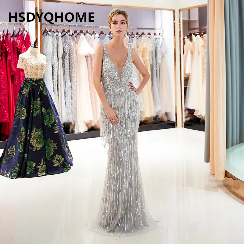 HSDYQHOME Роскошные вечерние платья с двойным V-образным вырезом бисером длинными