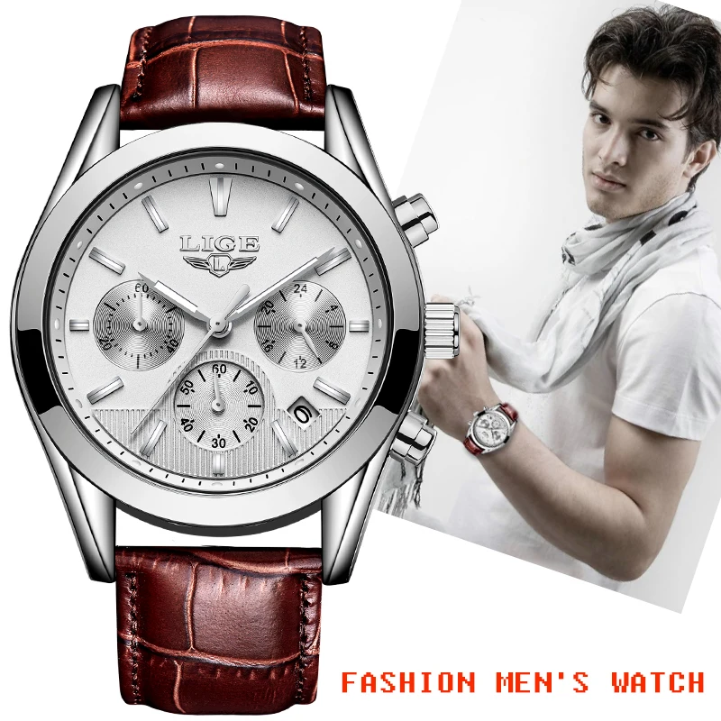 

LIGE New Fashion Mens Watches Analog Quartz Wristwatches 30M Waterproof Chronograph Sport Date Leather Band Watch Montre Homme