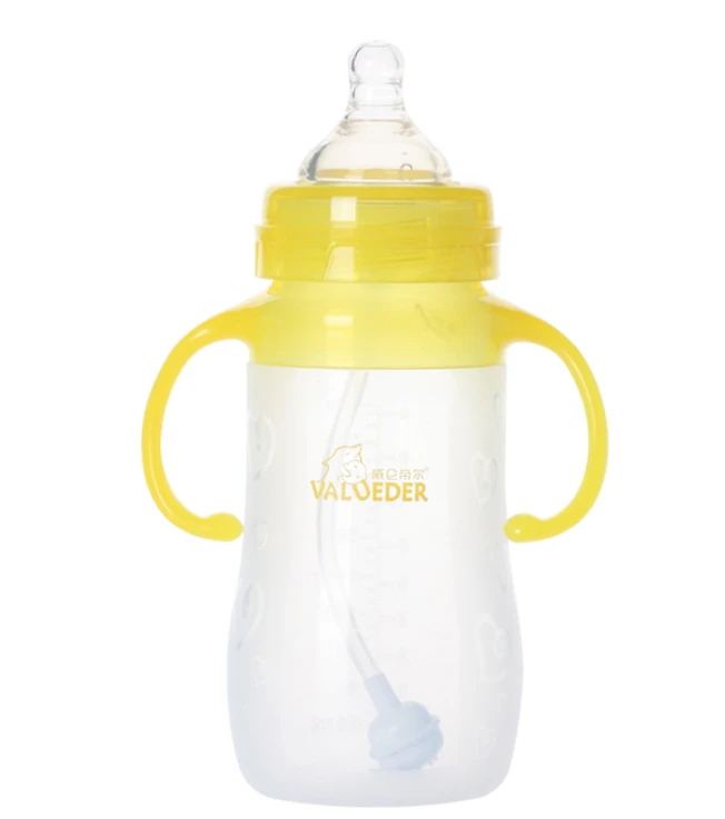 Новейший VALUEDER 6 м+ бутылка для детского молока 270 мл широкая шея BPA свободная мягкая силиконовая насадка на бутылочку для кормления с питателем и ручкой для детей - Цвет: Yellow milk bottle