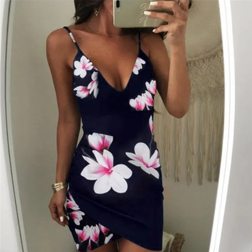 NEW Fashion summer dress 2018 Women's V-Neck Flowers Sleeveless Evening Party Casual Loose Mini Dress vestido J21#N (4)