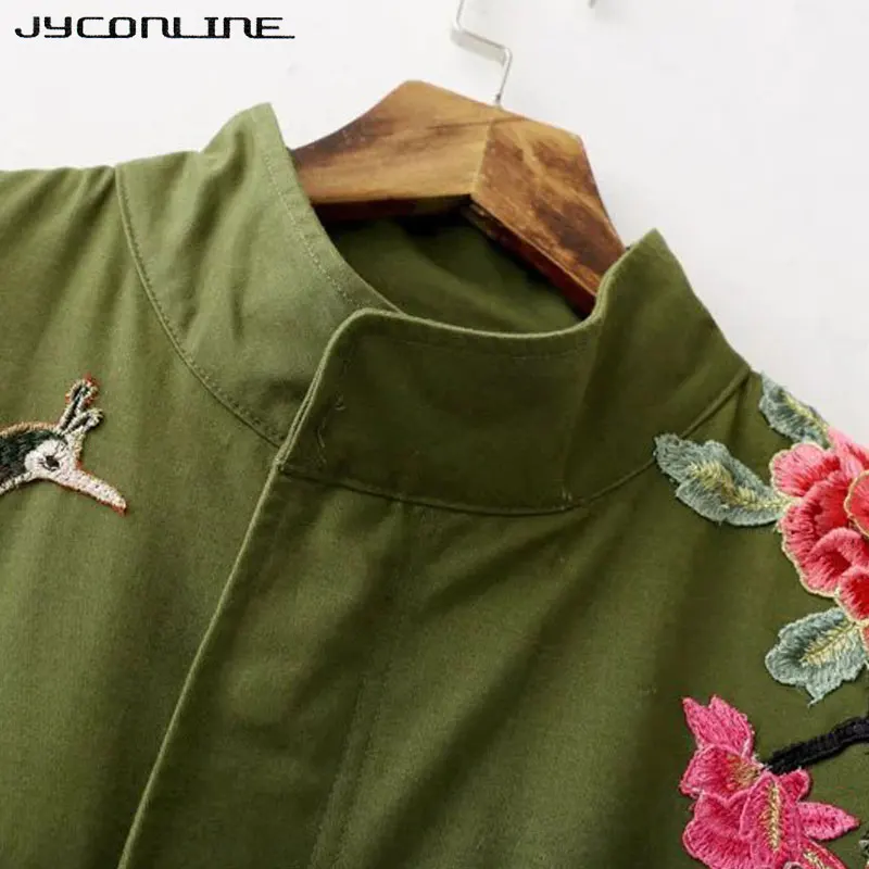 JYConline 2017 Basic Jacket Coat Women Army Green Floral Embroidery Bomber Jacket Patches Rivet Zipper Punk Women Jacket Outwear