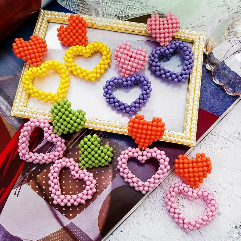 

Bohemian Statement Heart Big Earrings 2019 Summer Colorful Beaded Drop Dangle Earrings Women Fashion Jewelry Handmade