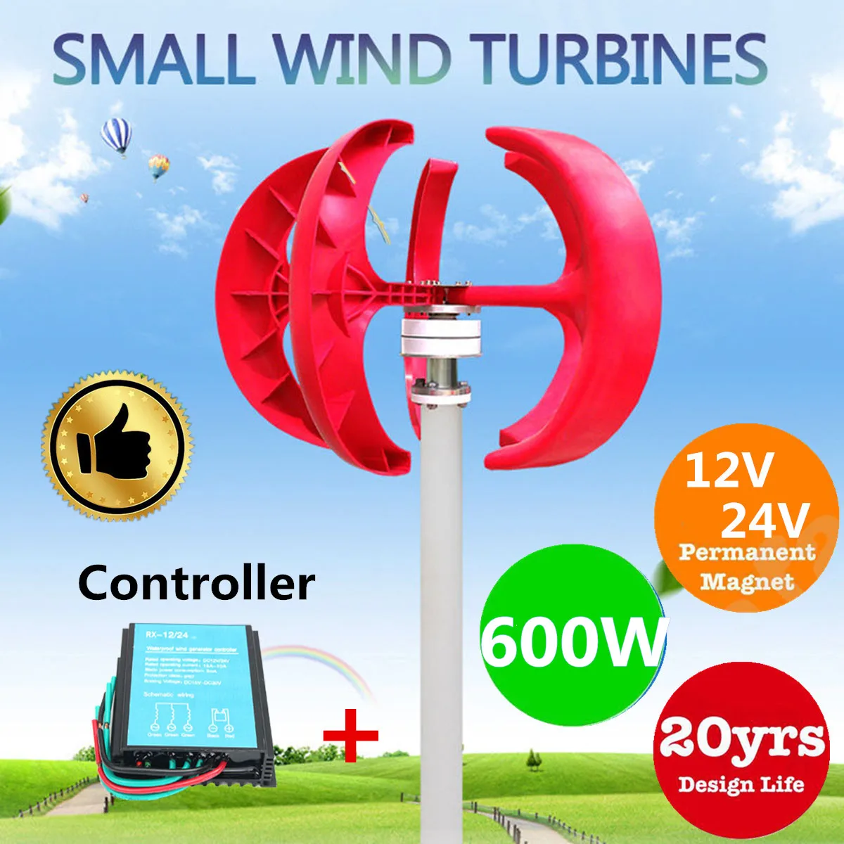 

600W 12V/24V Wind Power Generator Vertical Wind T urbine Lantern 5 Blades Motor with controller for home streelight Hybrid use
