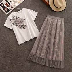 TAOVK Модные женские комплекты из 2 предметов 3D вышивка цветочный o-образный вырез короткий рукав Футболка + сетчатая юбка женские костюмы