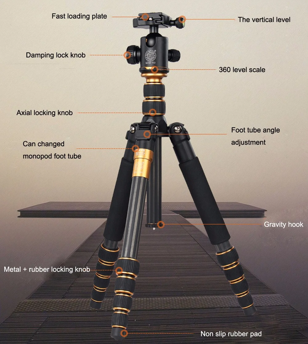 QZSD Q666C Профессиональная фотография Штатив-тренога из углеволокна для компактный монопод для камеры с шариковой головкой для путешествий Камера стенд для цифровых зеркальных фотокамер Canon Nikon