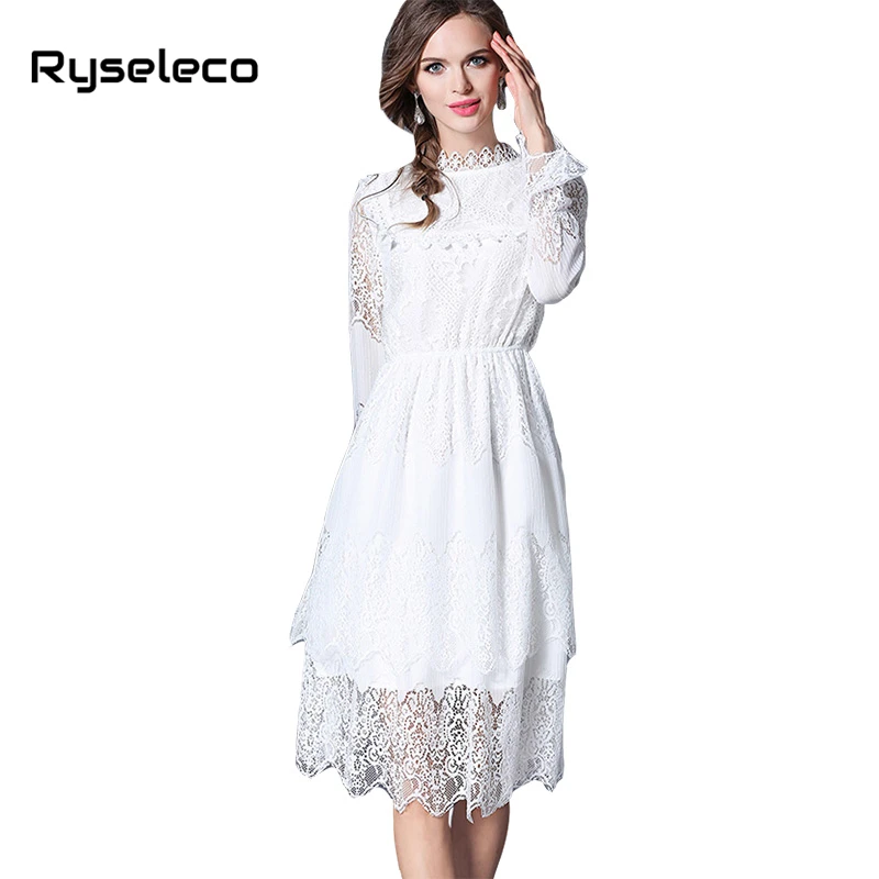 Ryseleco Women Spring Long Sleeve White Dresses Girls Sweet Chic Crochet Floral Lace Wave Hem Ruffles Midi Casual Party Vestidos long-white-lace-dress : image Ryseleco Women Spring Long Sleeve White Dresses Girls Sweet Chic Crochet Floral Lace Wave Hem Ruffles Midi Casual Party Vestidos long-white-lace-dress