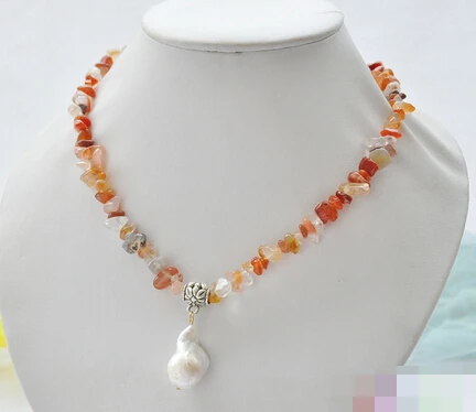 

huij 004083 white BAROQUE keshi PEARL pendant red agate detritus necklace
