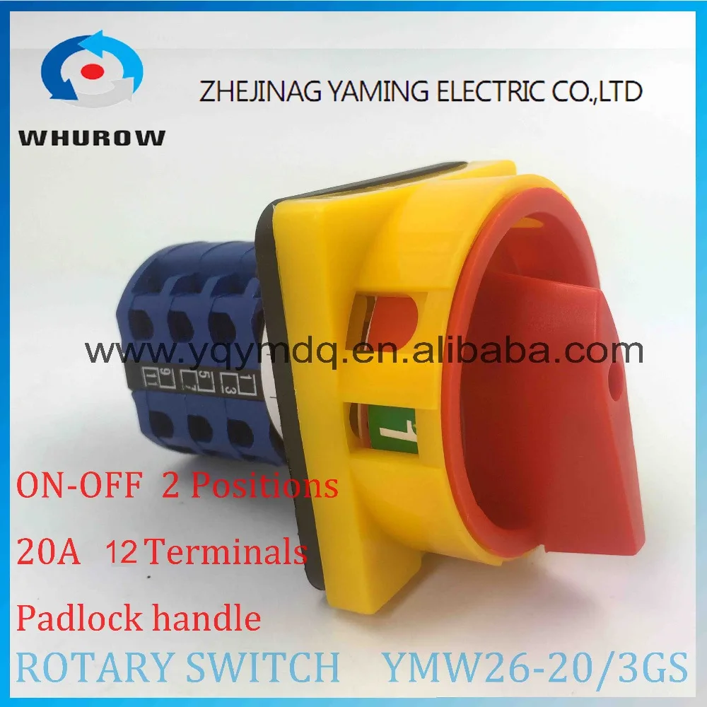 

YMW26-20/3GS Rotary switch knob 2 position ON-OFF padlock handle yellow red High quality changeover cam switch 20A 3 phase