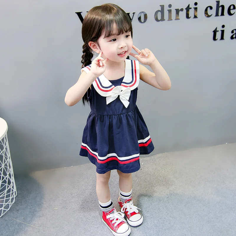 

Cute school style navy cotton boutique bow sweet girl baby dresses