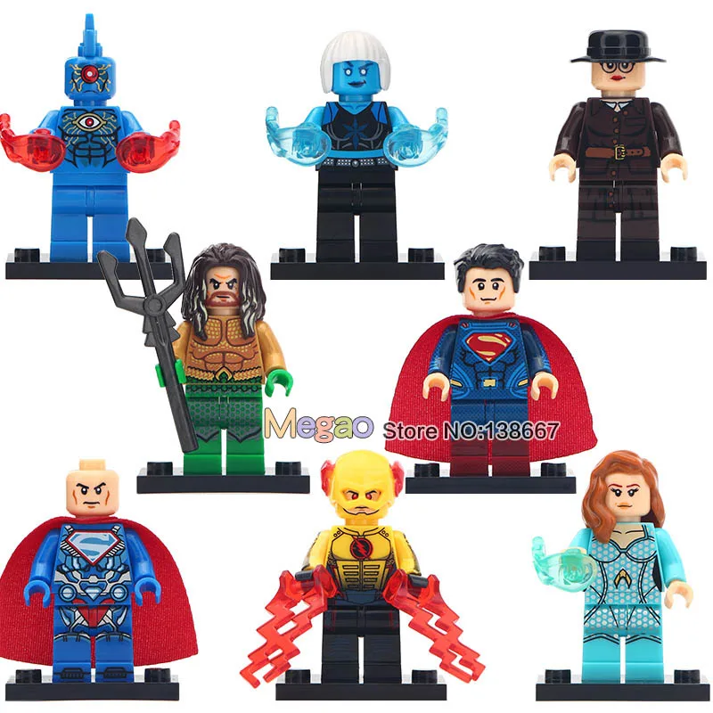 

8 pcs/lot Super Heroes Action Aquaman Wonder Woman Superman Flash Mera Model Building Blocks ly Toys for Children