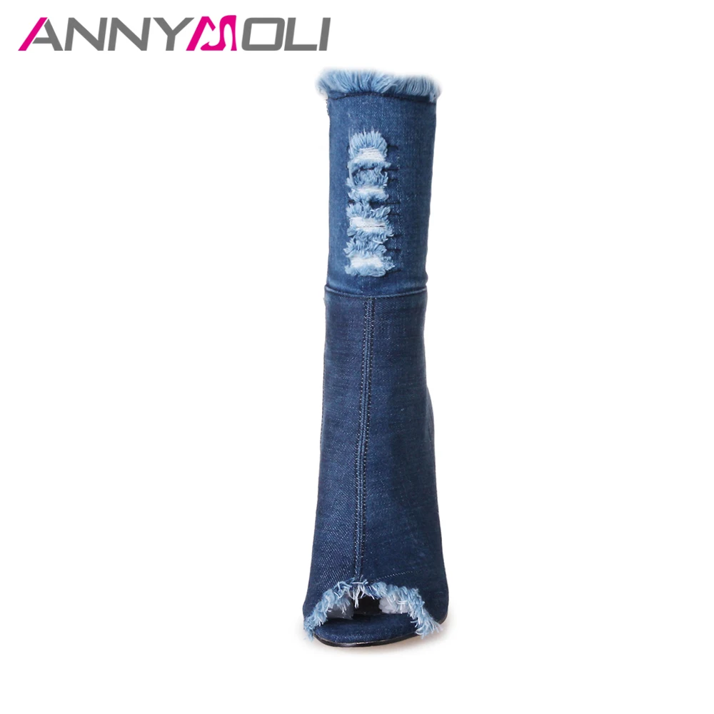 Женские джинсовые сапоги до середины икры ANNYMOLI синие с открытым носком на