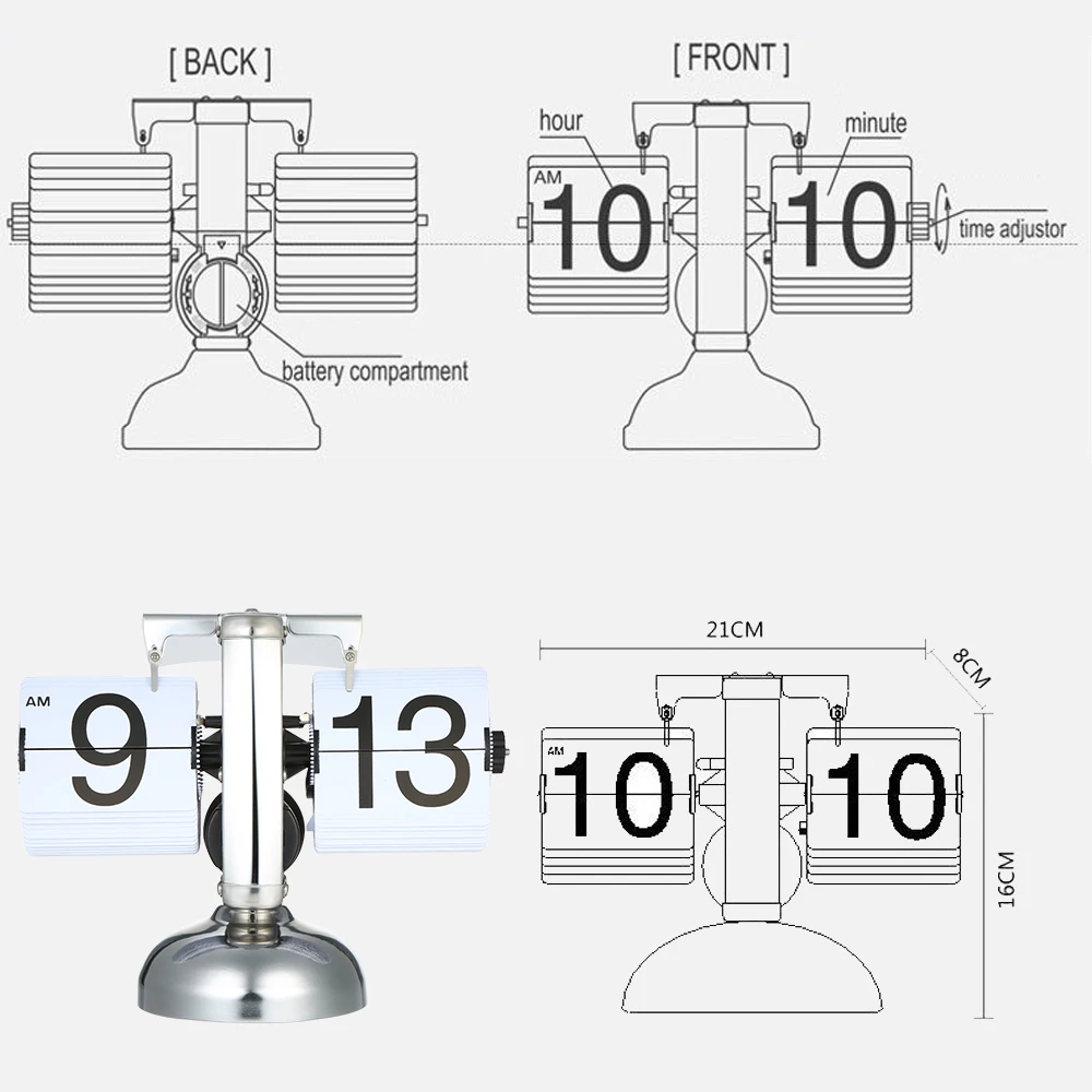 Маленькие настольные часы Ретро Флип над часами из нержавеющей стали Флип внутренний механизм управляемые кварцевые часы черный/белый