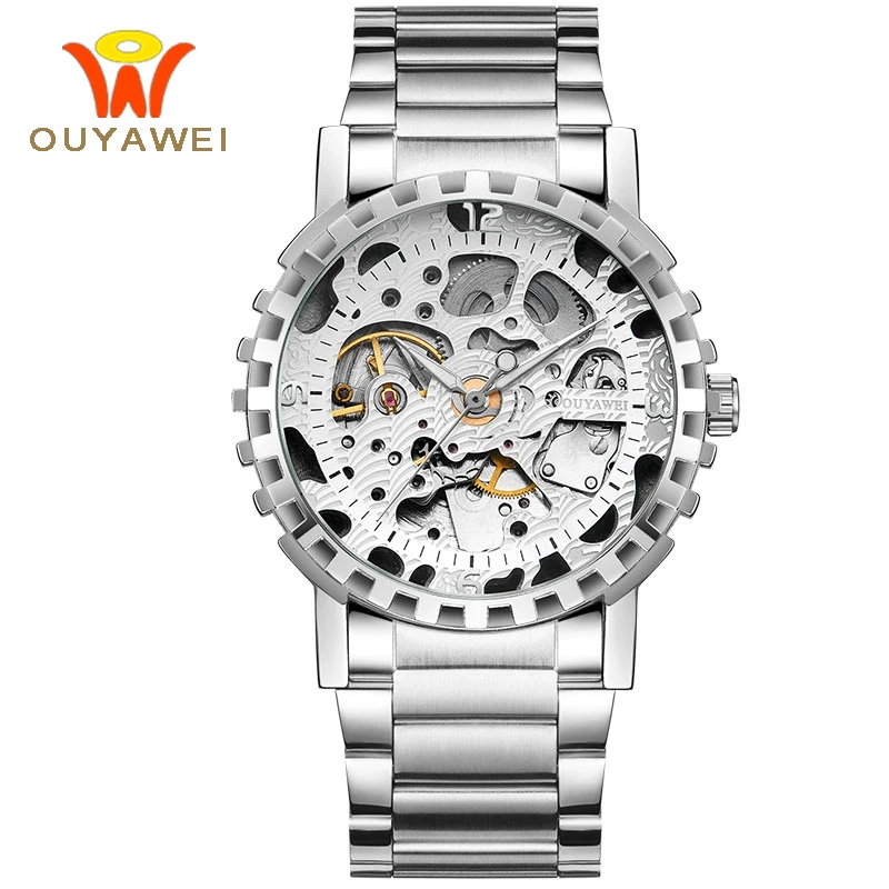 2018 Silver Skeleton Dial Mechanical Transparent Watches Men Fashion Casual Mechanical Hand Wind Luminous Hands Clock Hours Man