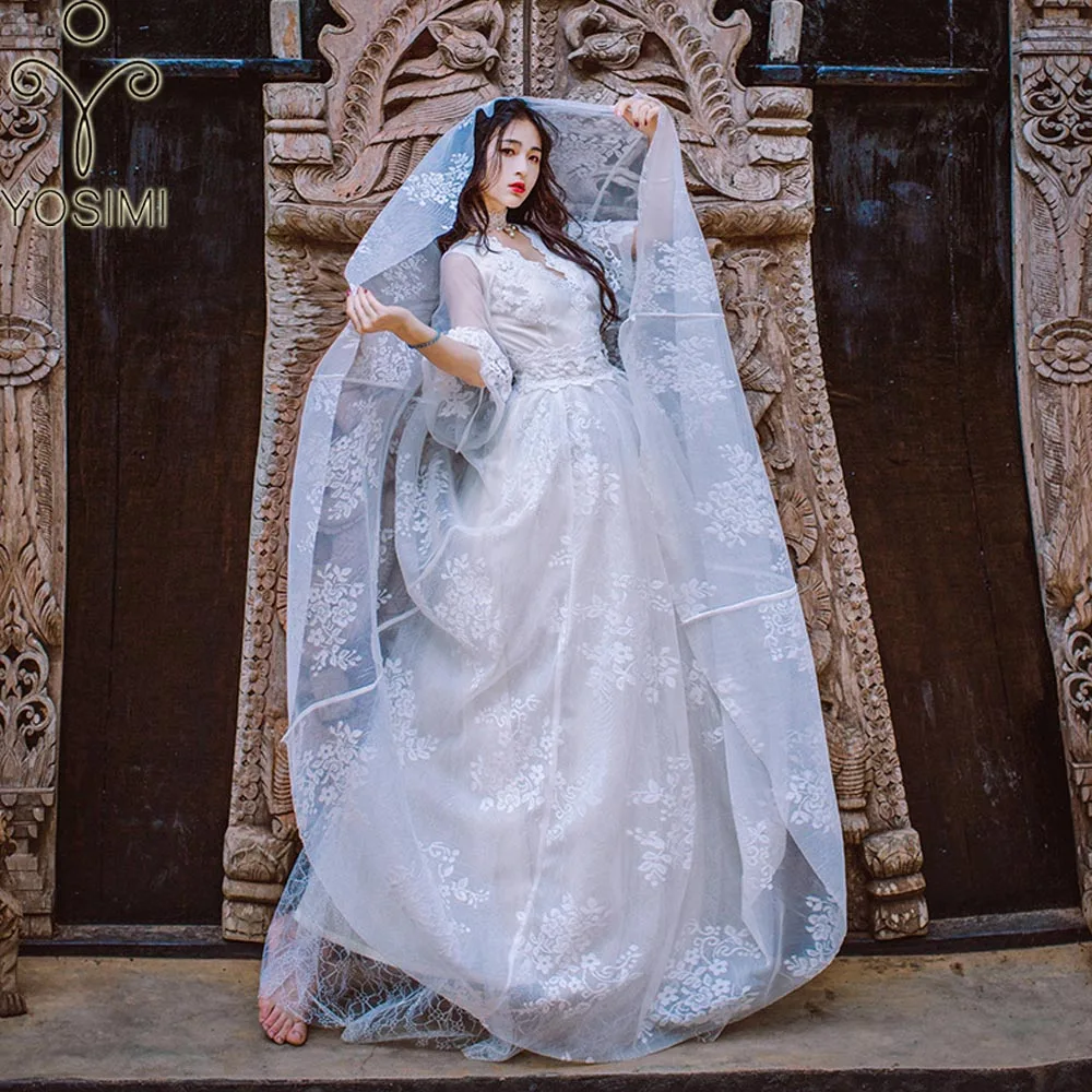 YOSIMI 2018 Summer Maxi Lace Long Women Dress  for Travel White V-nek Backless Evening Party Fairy Ankle-length Lace Embroidery