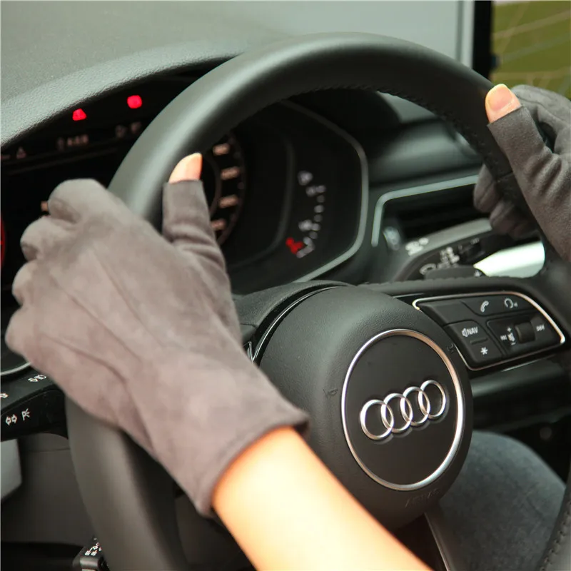 Autumn Winter New 2019 Thicken Plus Velvet Imitation Suede Unisex Man Woman Gloves Exposing Two Fingers Driving Mittens SZ025