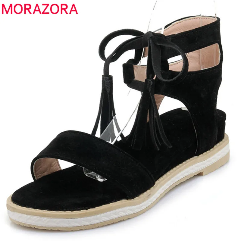 

MORAZORA 2020 big size 33-43 women gladiator sandals solid color summer shoes cross tied casual lady shoes 3.5cm wedges shoes