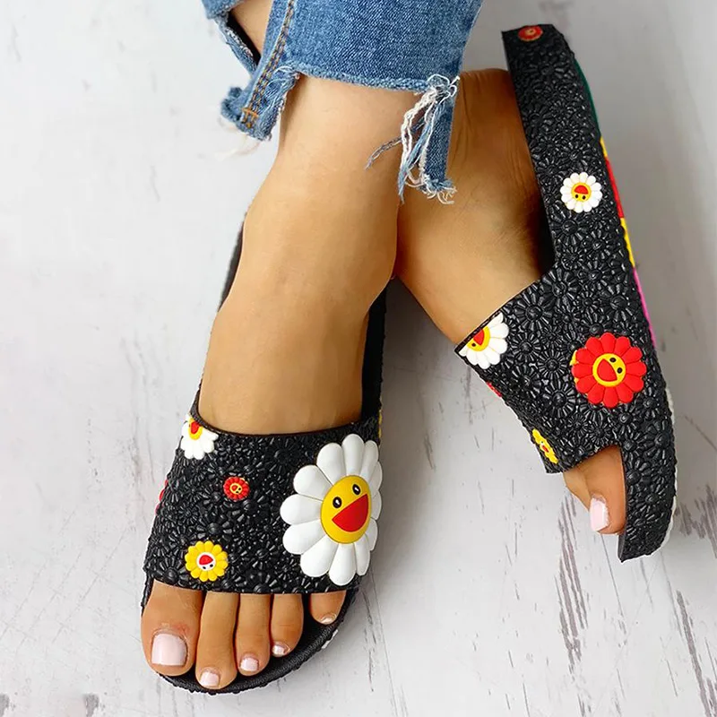 

Summer Slippers Women Cute Sunflower Flat Flip Flops Ladies Soft Slides Shoes Female Print Floral Bling Beach Casual Sandals