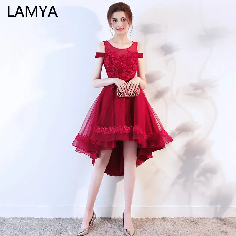 

LAMYA Elegant Lace Boat Neck Prom Dresses Short Front Back Long Tail Banquet Evening Dress 2019 Formal Gown Party Gown For Women