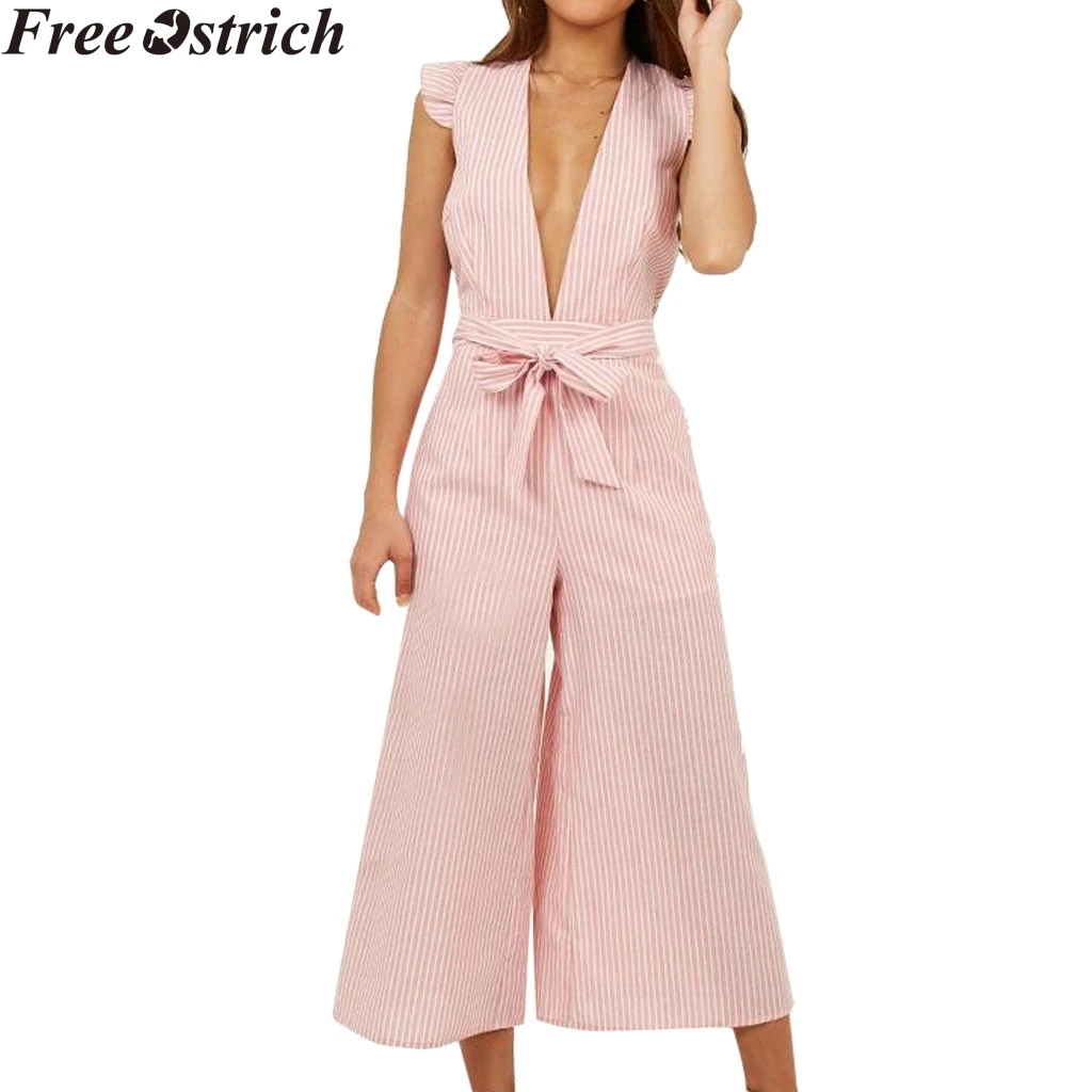 

Women summer wide-leg striped jumpsuit business halter long sleeveless high waist plus size bodysuit Ladies casual Rompers