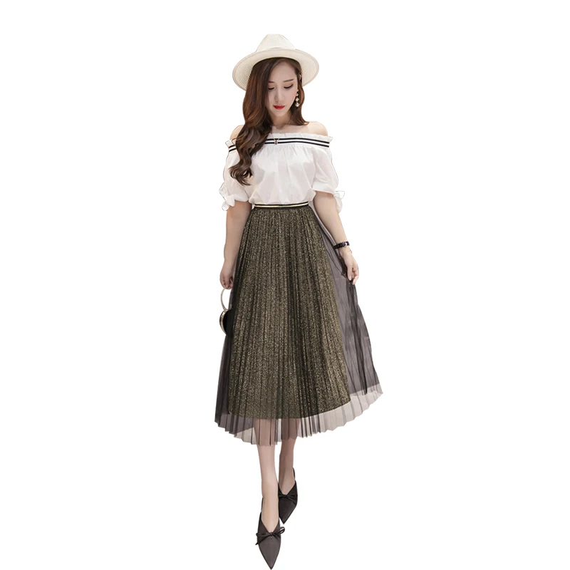New Pleated Mesh Skirt Female Mid-Length Spring Summer A-Line Slim High Waist Gold Silver Fashion Sequin Ladies Tulle Skirts