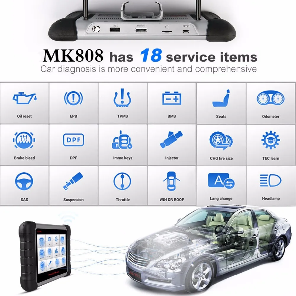 Autel MaxiCOM MK808/MX808 инструмент диагностики все системы функции как Oil Reset/EPB/BMS/SAS/DPF/TPMS и IMMO(MD802+MaxiCheck Pro