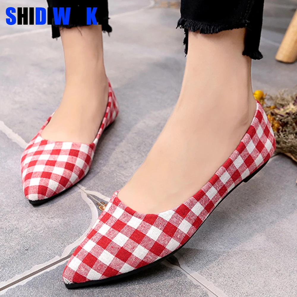 

2019 Spring Summer Women Flat Shoes Comfortable Slip On Summer Fashion Basic Gingham Shallow Women Pointed Toe Flats n578