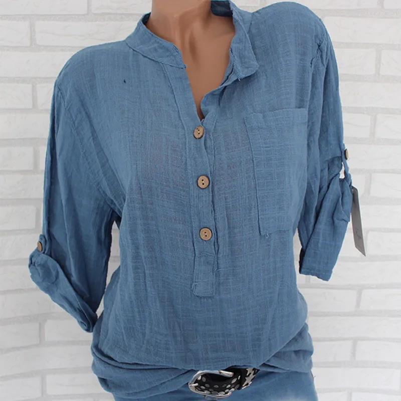 Женская хлопковая льняная рубашка со стоячим воротником, блузка размера плюс 5XL, белая однотонная женская рубашка с карманами, летние свободные женские блузки - Цвет: Синий