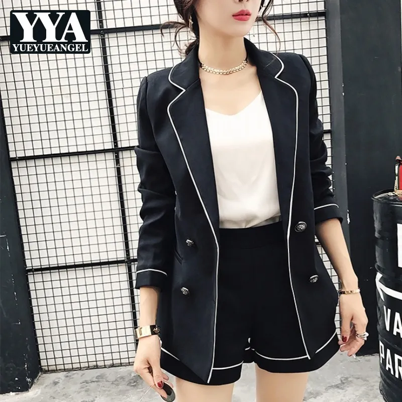 Casual 2 Stuks Sets Notched Kraag Slanke Blazer En Korte Broek Elegante Pak Vrouwen Zwarte Mode Kantoor Pak Hoge Kwaliteit zwart Casual 2 Stuks Sets Notched Kraag Slanke Blazer En Korte Broek Elegante Pak Vrouwen Zwarte Mode Kantoor Pak Hoge Kwaliteit zwart