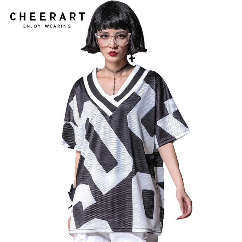 Cheerart Summer V Neck T Shirt Women Loose Letter Print Mesh Top 