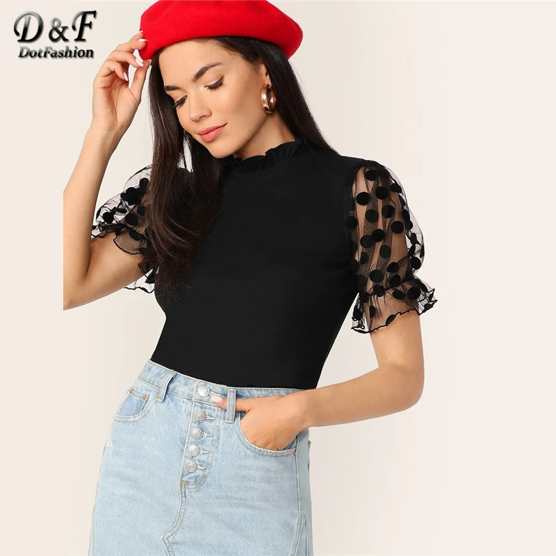 

Dotfashion Black Frilled Neck Dot Mesh Puff Sleeve Solid Tee Summer Tops For Women Clothes 2019 Spring Casual Slim Fit T-Shirt