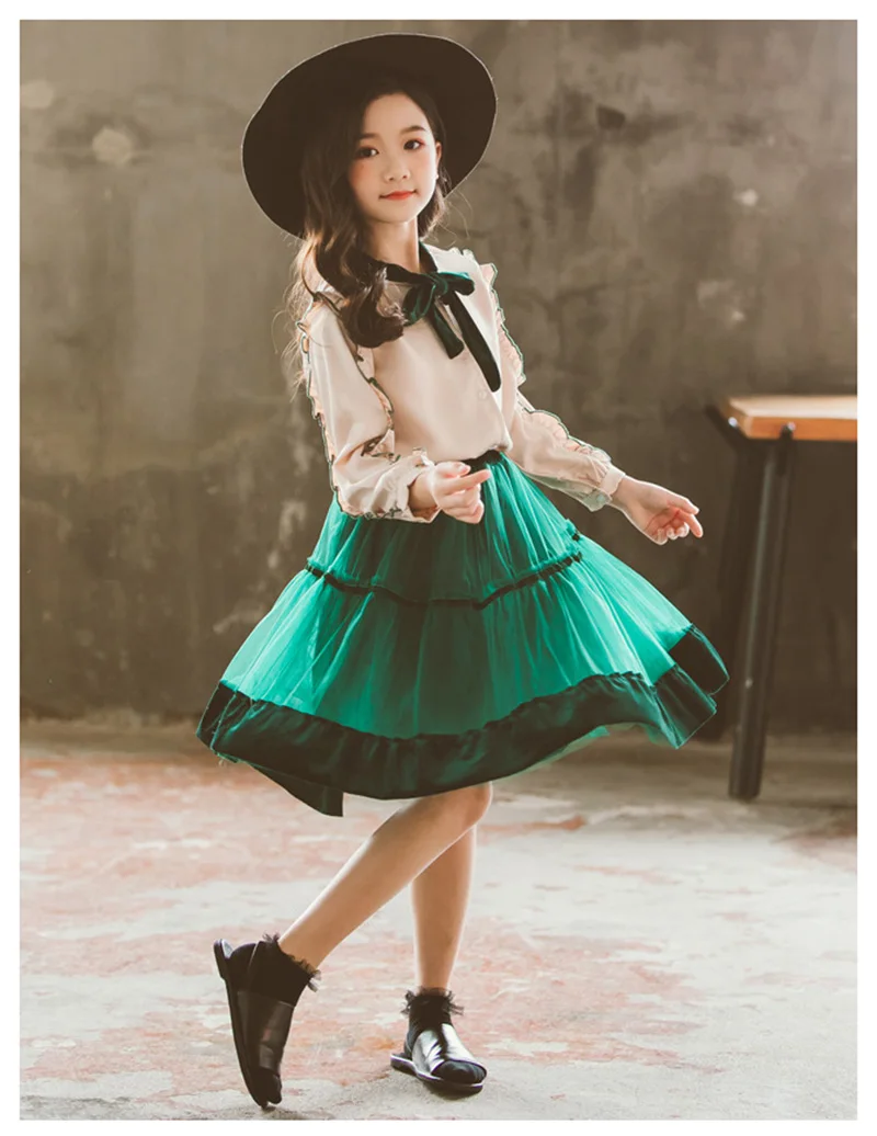 spring girls shirt dress children Chiffon two-piece suit for girls clothes (7)