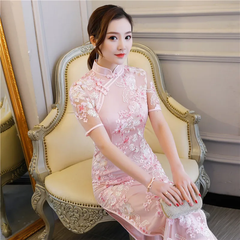 

Shanghai Story chinese traditional clothing chinese style dresses long Cheongsam Short Sleeve Floral Embroidery Lace Qipao