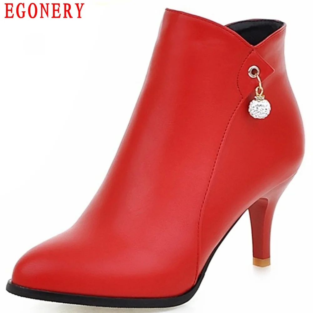 Egonery musim gugur musim semi ritsleting kaki menunjuk tipis high heels elegant mode womens ankle boots faux kulit wanita sepatu
