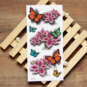 

3D Butterfly Lily Fake Tattoo Decals Temporary Tattoo Body Art Flash Tattoo Stickers Waterproof For Women Men #034