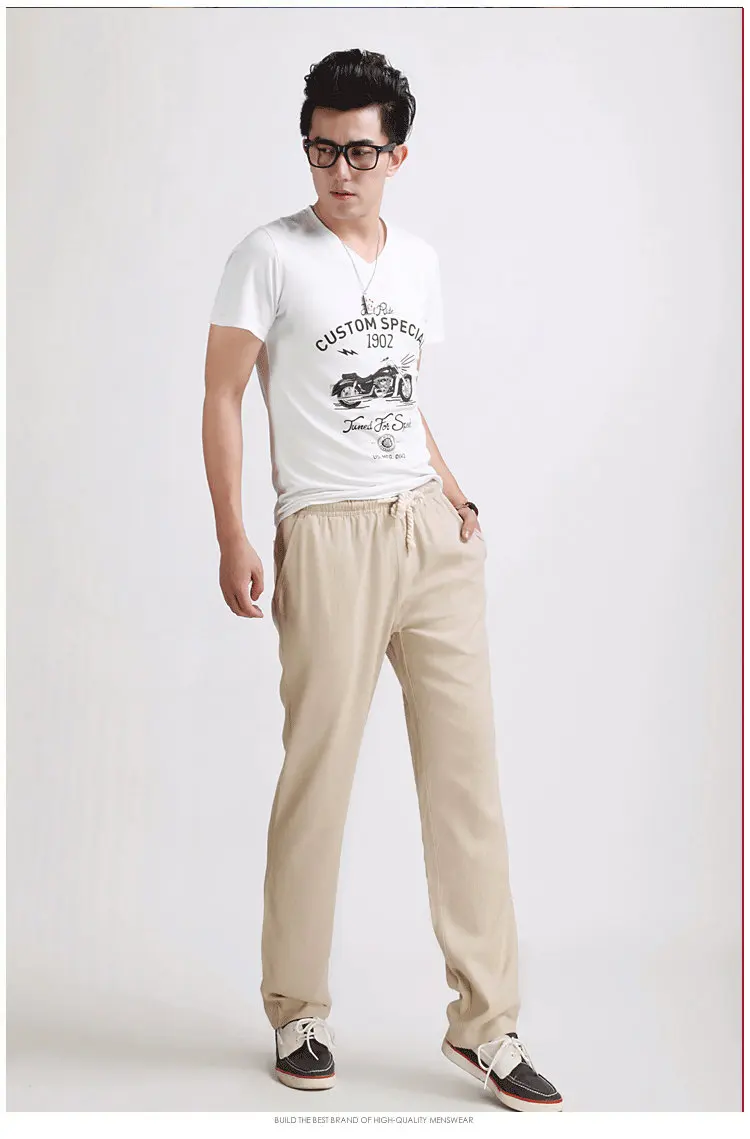 Высокое качество, летние хлопковые льняные повседневные штаны для мужчин, одноцветные тонкие дышащие спортивные штаны для бега, большие размеры, M-5XL прямые брюки - Цвет: Бежевый