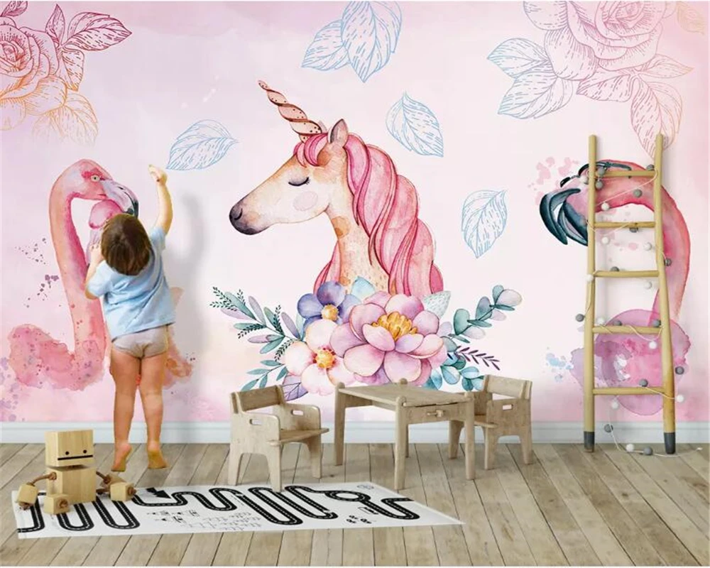 Beibehang индивидуальный заказ детская комната фон 3d обои Фламинго Единорог цветок и птица фон стены 3d обои