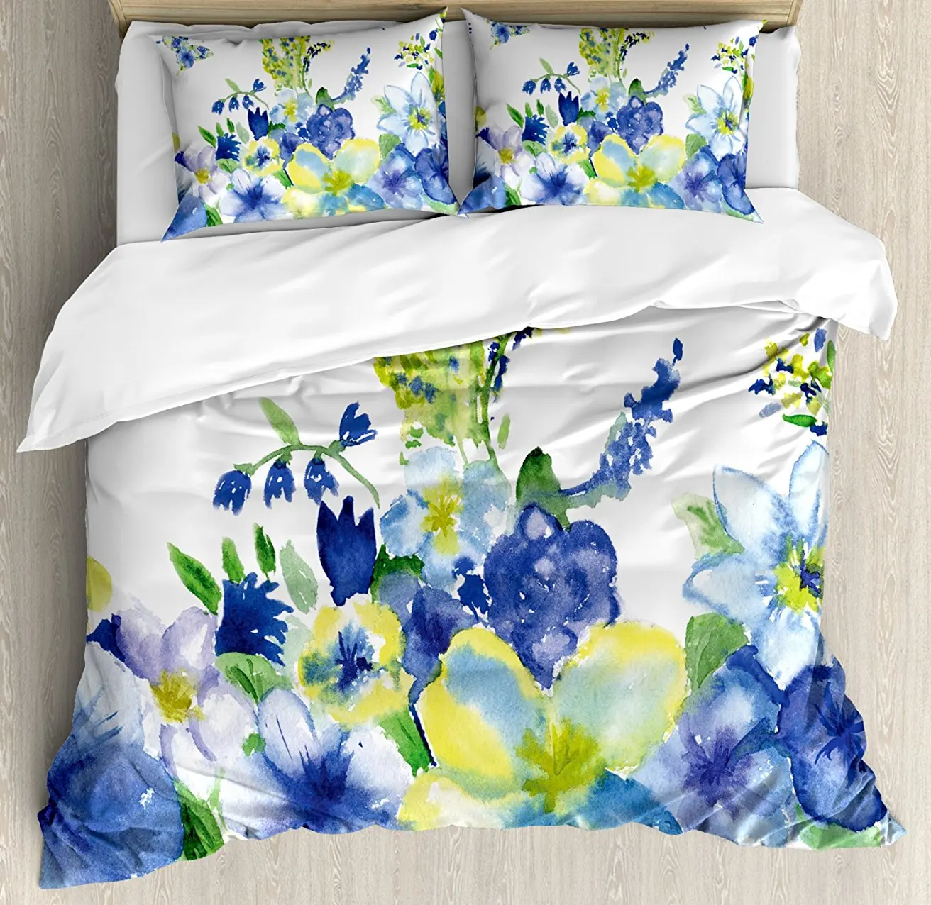 

Yellow and Blue Duvet Cover Set Spring Flower Watercolor Flourishing Vibrant Blooms Artsy Design, Decorative 4 Piece Bedding Set