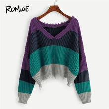 ROMWE, модные свитера с цветными блоками,, Женская Повседневная осенняя одежда, женский свитер, топы, женские пуловеры с v-образным вырезом и длинным рукавом