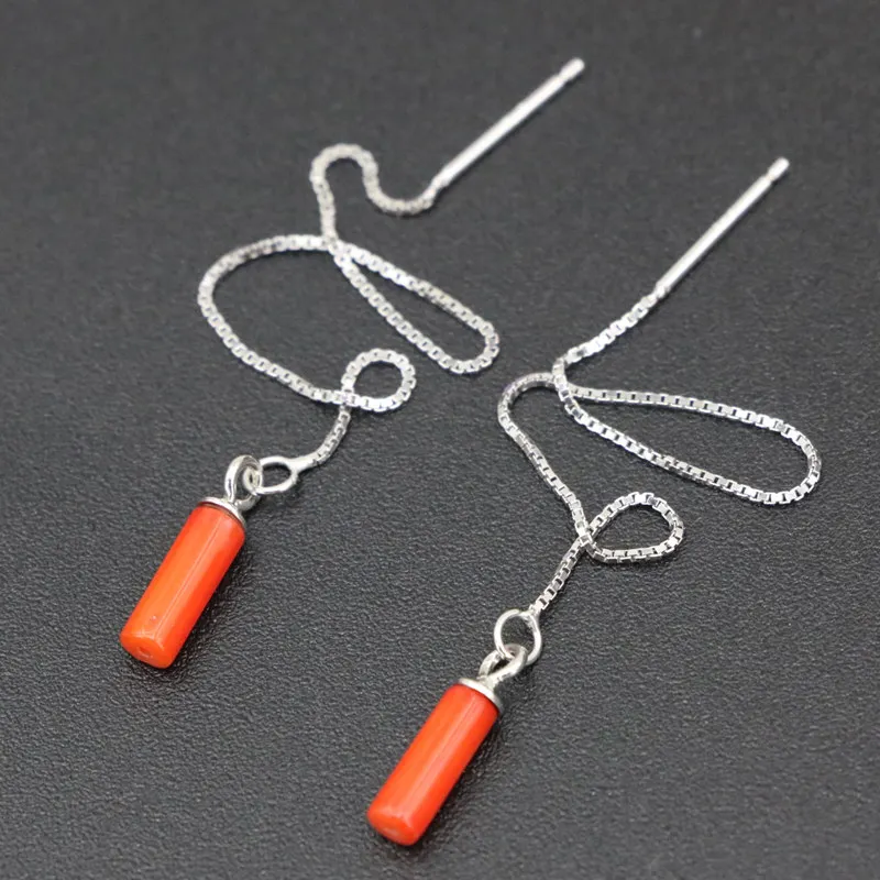 

925 Sterling Silver Eardrop Ear Jewelry Dangle Earrings For Women Natural Coral 3x9mm Long Earing High Grade Gifts 4inch B3441
