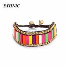 Ручной Прямоугольной твердый камень звено цепи Браслеты для Для женщин этнические широкий браслет богемный сплава бисерный тканый браслет