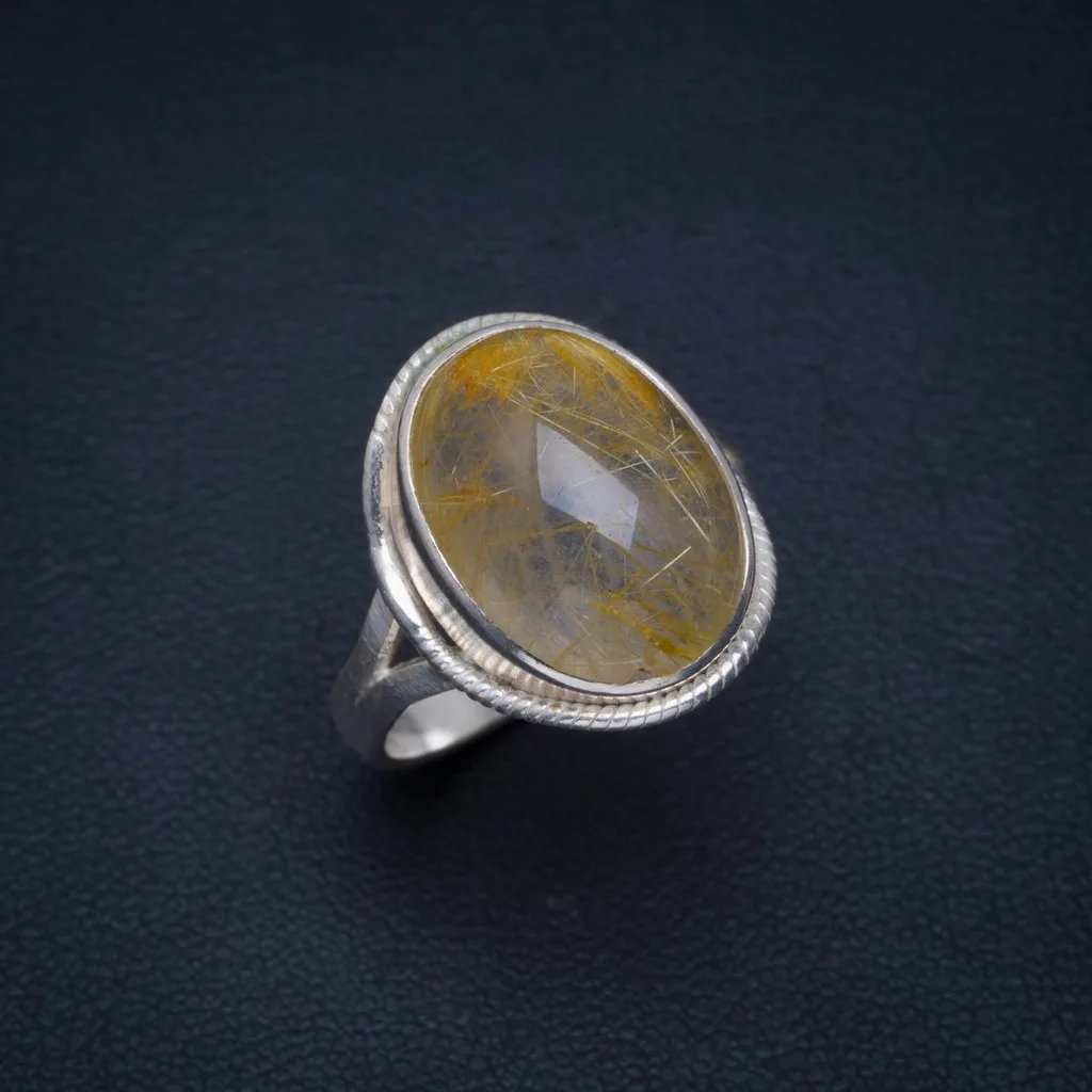

Natural Golden Rutile Handmade Unique 925 Sterling Silver Ring 8.25 AU0022