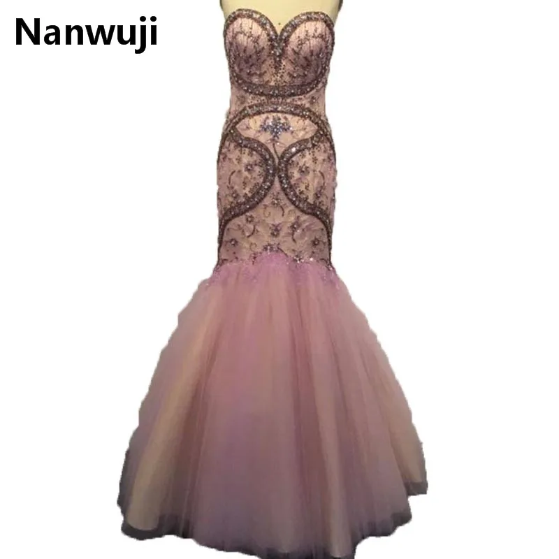

New Arrival Real Photo Sweetheart Mermaid Wedding Dress Sexy Slim Beaded Crystal Pink Prom Dresses Size Plus