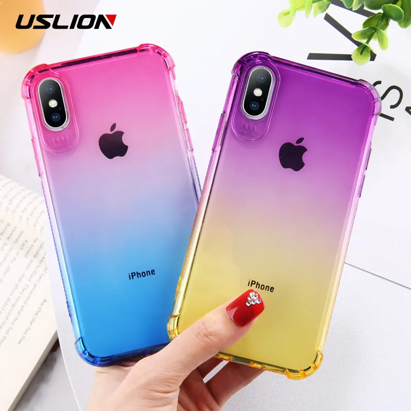 

USLION Gradient Phone Case For iPhone 6 6S 7 8 Plus Shockproof Bumper Soft TPU Clear Back Cover For iPhone X XS XR XS Max