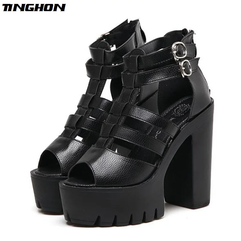 

TINGHON Women gladiator sandals summer shoes Platform Shoes thick heel 13cm sandals strap-heels platform Sandals